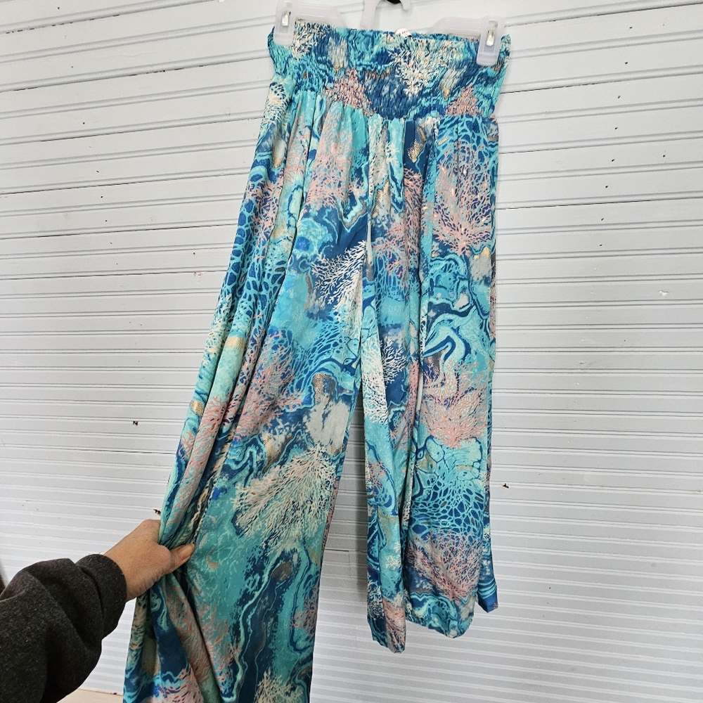 Karma Highway Torquoise Pink wide legged stretchy palazzo pants Women One Size.